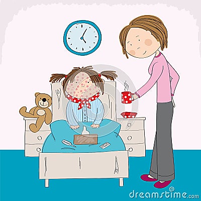 Sick girl with chickenpox, measles, rubeola or skin rash Vector Illustration