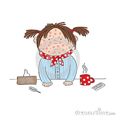 Sick girl with chickenpox, measles, rubeola or skin rash Vector Illustration