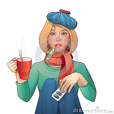 Sick girl. Cold. Medications, thermometer, cup of tea. Vector illustration. Cartoon character Vector Illustration