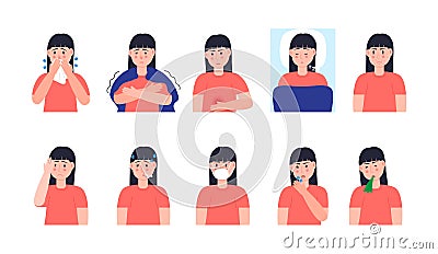 Sick girl coughing, sneezing. Set character vector of cold, flu, sore throat, measles. Illustrations of fever, allergy Vector Illustration