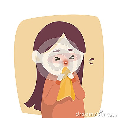 Sick girl has runny nose, caught cold. sneezing into Tissue, flu, Allergy season, Vector illustration Vector Illustration