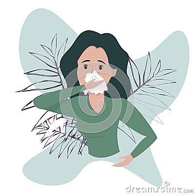 Sick girl. The girl has a runny nose. Handkerchief. Coronavirus. Cold symptoms Cartoon Illustration