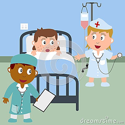 Sick Girl in a Hospital Bed Vector Illustration