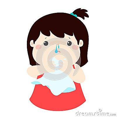 Sick girl runny nose . Vector Illustration