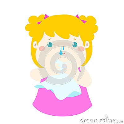 Sick girl runny nose . Vector Illustration