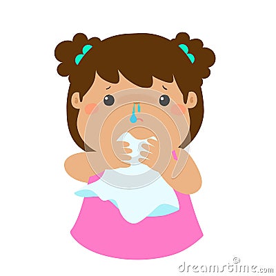 Sick girl runny nose . Vector Illustration