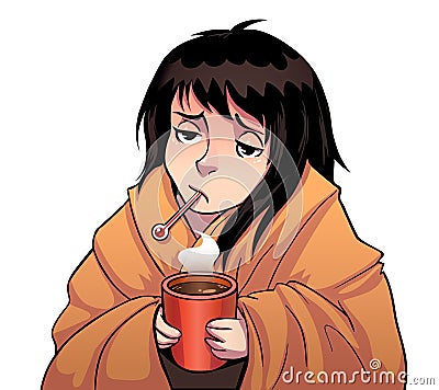 Sick girl with thermometer and hot cup Stock Photo