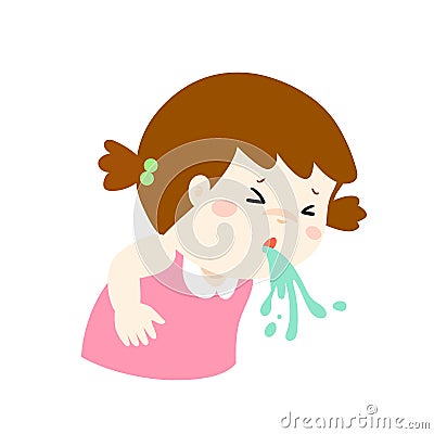 Sick girl vomiting cartoon . Vector Illustration