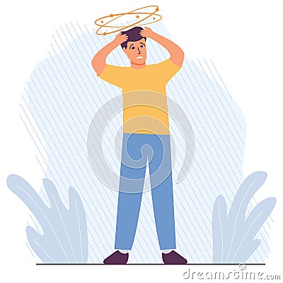 Sick guy suffering from vertigo.Man character dizziness.Man feeling vertigo. Vector Illustration