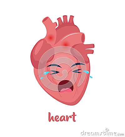 Sick heart with pain ache or disease. Sad cartoon character heart, body organ injured or unhealthy. Human cartoon anatomy, kids Vector Illustration