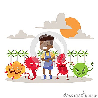 Sick, ill child with microbes banner vector illustration. Cartoon viruses. Bad microorganisms for children. Bacteria Vector Illustration