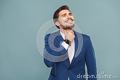 Sick Illness man touching neck, have tempereture and medical pro Stock Photo