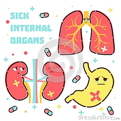 Sick internal organs cartoon icon set Cartoon Illustration