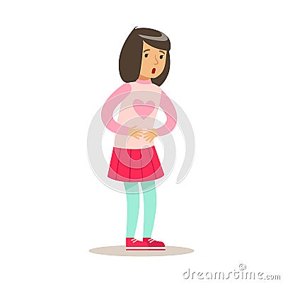 Sick Kid Having Belly Cramps Feeling Unwell Suffering From Sickness Needing Healthcare Medical Help Cartoon Character Vector Illustration