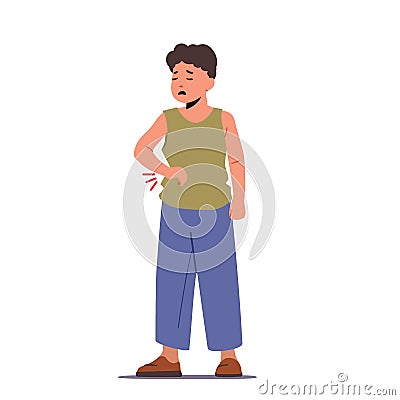 Sick Kid Suffer of Ache or Pain in Arm Isolated on White Background. Sad Child Feel Hurt in Arm, Children Health Problem Vector Illustration