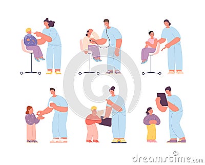Sick kids with doctor. Child patient, children check up on hospital. Ill little patients, vaccination or pediatrician Vector Illustration