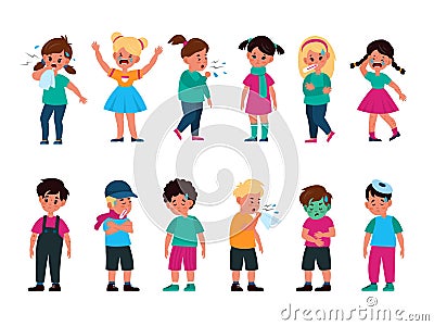 Sick kids set. Girls and boys with different disease, flu, cold and cough, rash and vomit, poisoning and chickenpox Vector Illustration