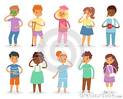 Sick kids vector child with headache and temperature and children catching a cold or flu illustration set of sickness or Vector Illustration