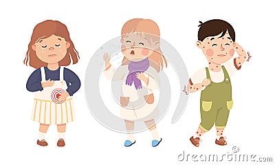 Sick Little Boy and Girl Feeling Unwell Suffering from Chickenpox and Stomachache Vector Set Vector Illustration