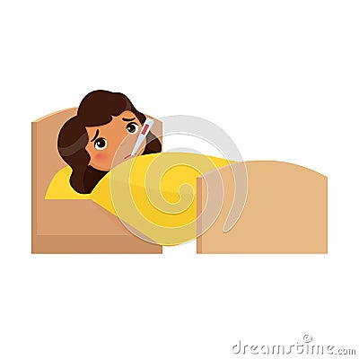 Sick little girl with thermometer in bed flat vector illustration. Cartoon Illustration