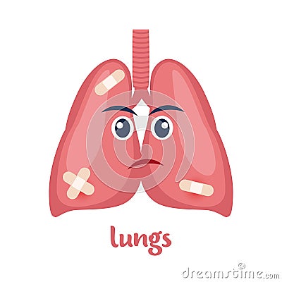 Sick lungs with pain ache or disease. Sad cartoon character lungs, body organ injured or unhealthy. Human cartoon anatomy, kids Vector Illustration