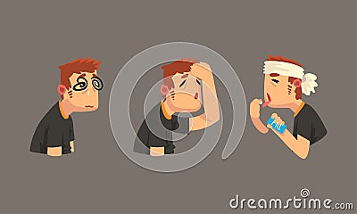 Sick Man with Bandaged Head Having Headache Taking Pill Vector Set Vector Illustration