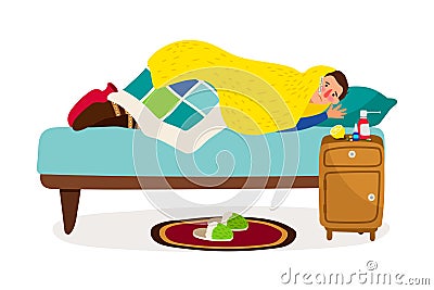 Sick man in bed. Vector cold fever ill character with sickness infectious disease, flu person at home with measuring Vector Illustration