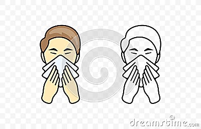 Sick man blowing her nose or sneezing into handkerchief, graphic design Vector Illustration