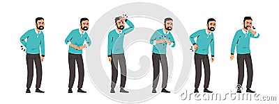 Sick man. Cartoon character with pain in stomach and back. Unhappy male feeling ill. Standing person with headache and Vector Illustration
