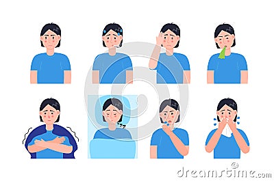 Sick man coughing, sneezing. Set character vector of cold, flu, sore throat, measles. Illustrations of fever, allergy Vector Illustration