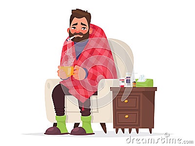 Sick man. Flu, viral disease. Vector illustration Cartoon Illustration