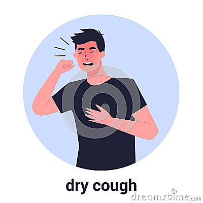 Sick man having dry cough. Male person with asthma, allergy Vector Illustration