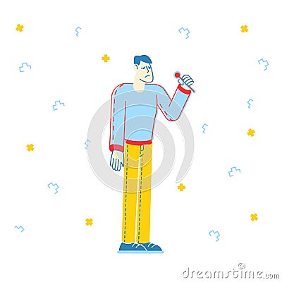 Sick Man Having Fever. Diseased Male Character Holding Thermometer and Suffering of Covid-19 Infection Symptoms Vector Illustration
