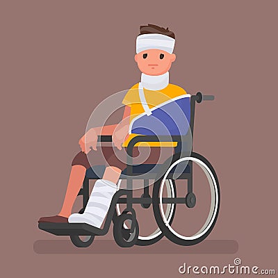 A sick man with injuries and gypsum sits in a wheelchair. Vector illustration Cartoon Illustration