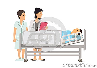 Sick man lying in bed while female doctor and nurse checking on him in hospital room Vector Illustration