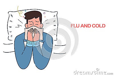Sick man lying in bed with flu and cold under the blanket, allergy seasonal infections, hand drawn style vector illustration Vector Illustration
