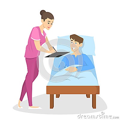 Sick man lying in a hospital bed Vector Illustration