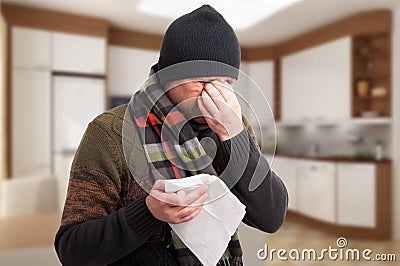 Sick man with nose congestion and headache Stock Photo