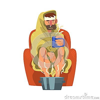 Sick Man with Runny Nose and Headache, Guy with Mug in his Hands Heating his Feet in Basin with Hot Water Cartoon Vector Vector Illustration