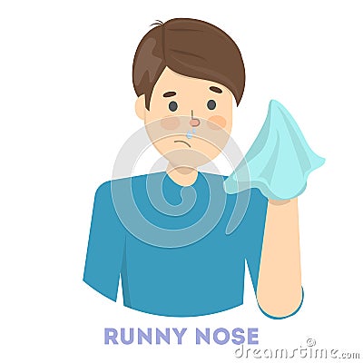 Sick man with runny nose a symptom of flu Vector Illustration