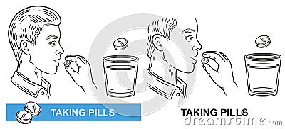 Sick man taking pill medicine, medication time, patient hold medical tablet near mouth line icon. Dose pharmacy medicament. Vector Vector Illustration