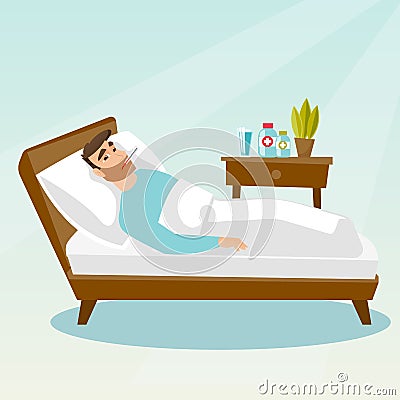 Sick man with thermometer laying in bed. Vector Illustration