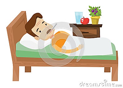 Sick man with thermometer laying in bed. Vector Illustration