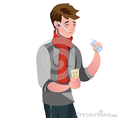 Sick man with a thermometer Vector Illustration