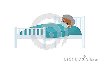 Sick old african woman with medical mask in hospital bed flat vector illustration. Vector Illustration