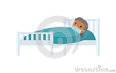 Sick old indian woman with medical mask in hospital bed flat vector illustration Cartoon Illustration