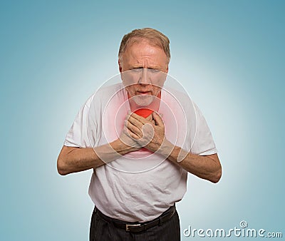 Sick old man, elderly guy, having severe infection, chest pain Stock Photo