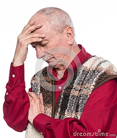 Sick old man. Senior man suffering from headache over white background Stock Photo