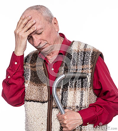 Sick old man. Senior man suffering from headache over white background Stock Photo