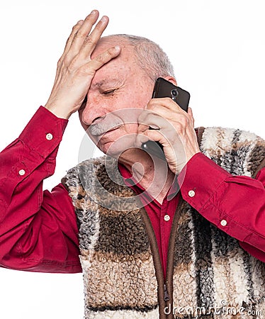 Sick old man. Senior man suffering from headache over white background Stock Photo